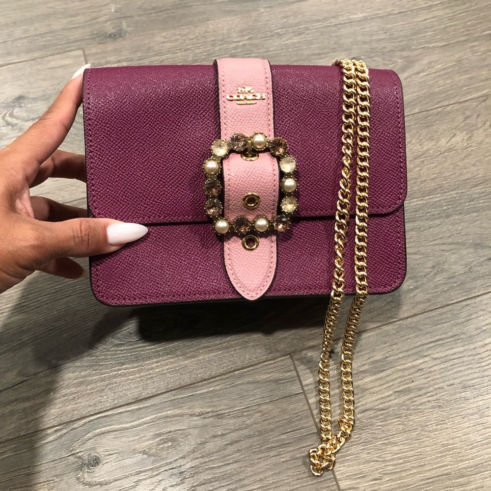 Coach Bowery Pink and Purple Crossbody Bag with Jeweled Buckle and Gold Accents